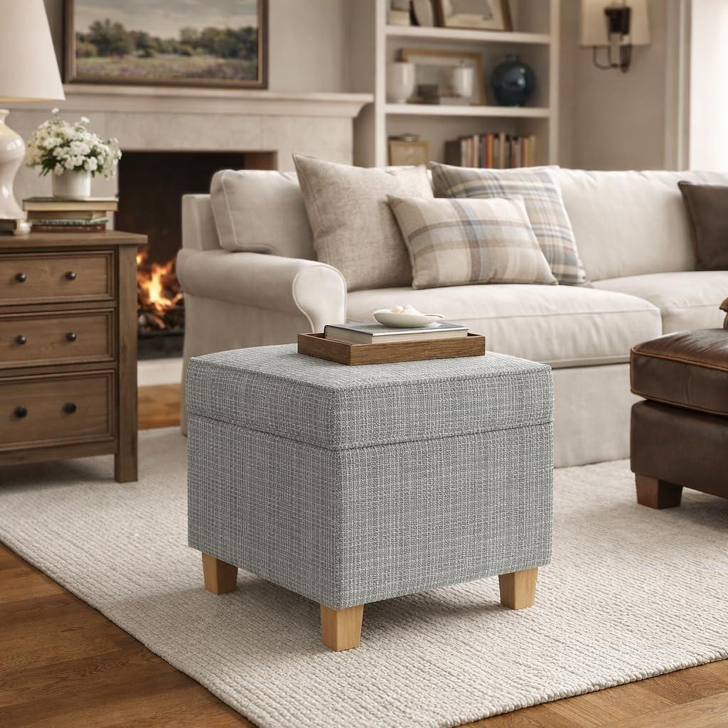 imageHomePop Small Square Storage Ottoman with LiftOff Top Gray and Cream Stripe Fabric Upholstered Accent Footrest Stool with Wood Legs for Living Room Bedroom EntrywaySage Mini Grid Pattern