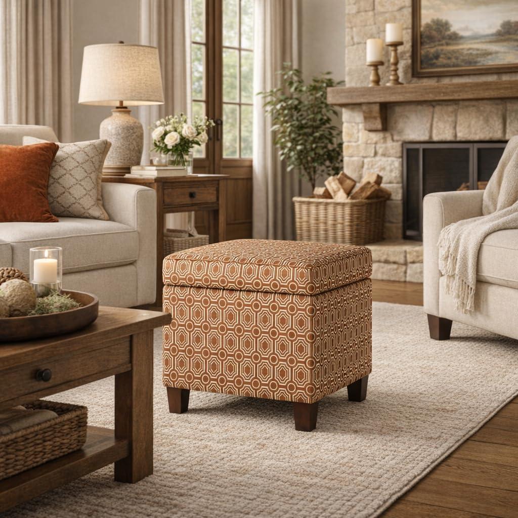 imageHomePop Small Square Storage Ottoman with LiftOff Top Gray and Cream Stripe Fabric Upholstered Accent Footrest Stool with Wood Legs for Living Room Bedroom EntrywayOrange Geometric