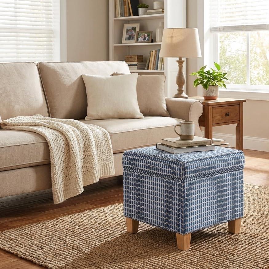 imageHomePop Small Square Storage Ottoman with LiftOff Top Gray and Cream Stripe Fabric Upholstered Accent Footrest Stool with Wood Legs for Living Room Bedroom EntrywayBlue Chevron Print
