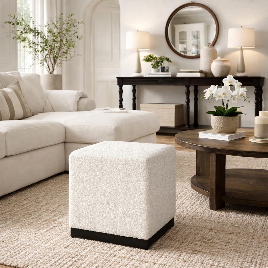 imageHomePop Small Square Storage Ottoman with LiftOff Top Gray and Cream Stripe Fabric Upholstered Accent Footrest Stool with Wood Legs for Living Room Bedroom EntrywayCream Boucle