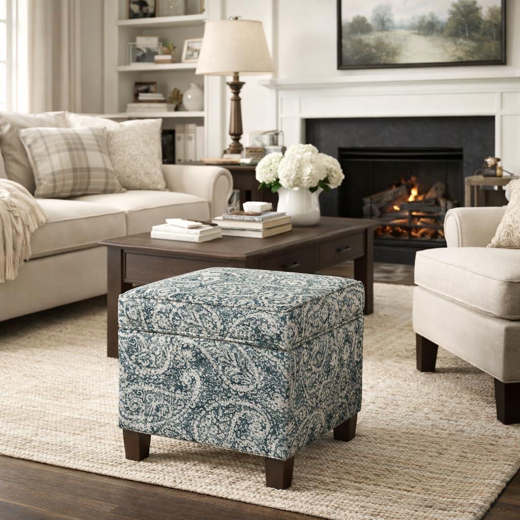 imageHomePop Small Square Storage Ottoman with LiftOff Top Gray and Cream Stripe Fabric Upholstered Accent Footrest Stool with Wood Legs for Living Room Bedroom EntrywayGray and Navy