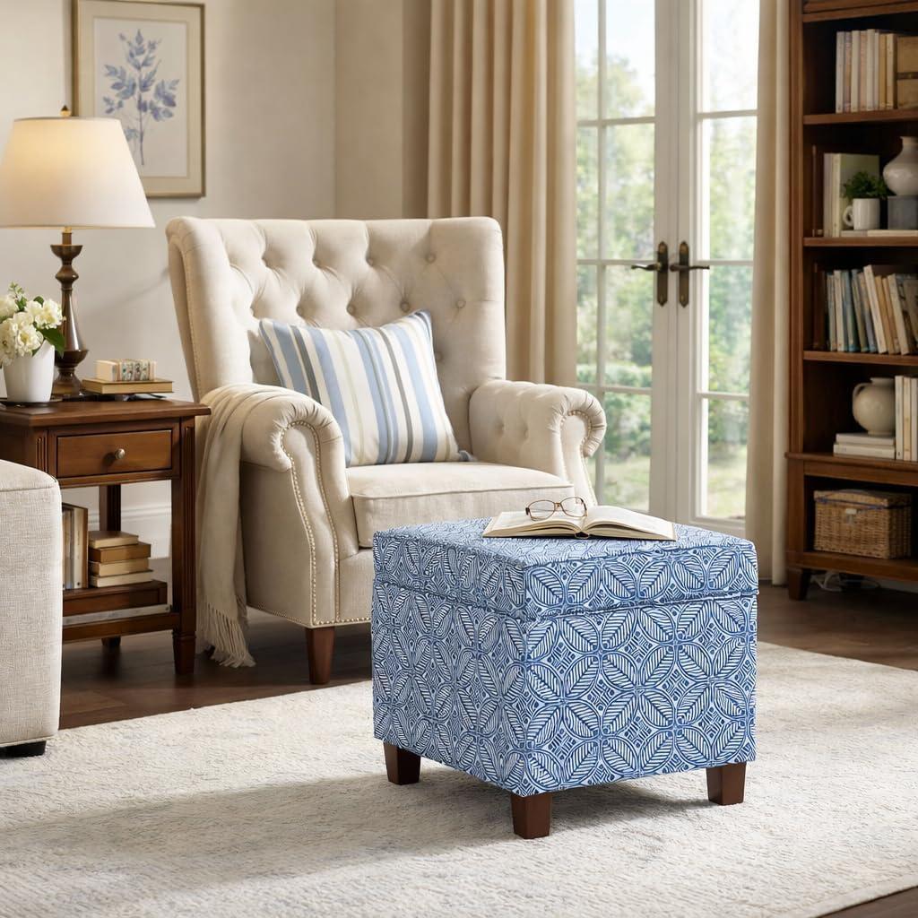 imageHomePop Small Square Storage Ottoman with LiftOff Top Gray and Cream Stripe Fabric Upholstered Accent Footrest Stool with Wood Legs for Living Room Bedroom EntrywayBlue Indigo Print