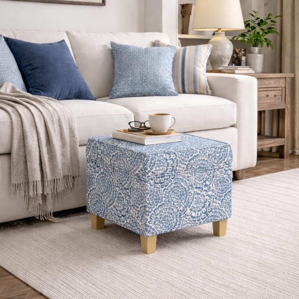 imageHomePop Small Square Storage Ottoman with LiftOff Top Gray and Cream Stripe Fabric Upholstered Accent Footrest Stool with Wood Legs for Living Room Bedroom EntrywayBlue and Cream Modern Floral
