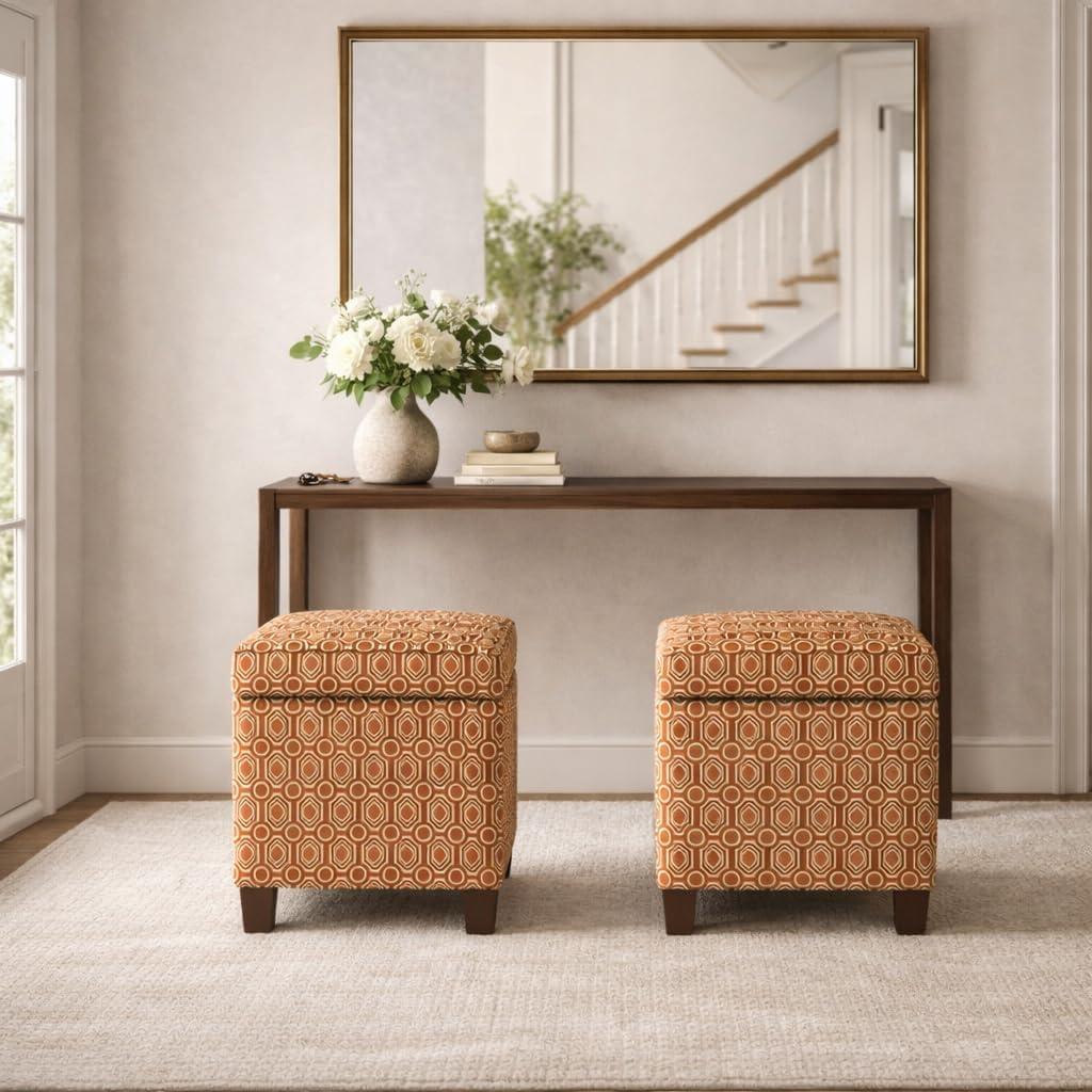 imageHomePop Small Square Storage Ottoman with LiftOff Top Gray and Cream Stripe Fabric Upholstered Accent Footrest Stool with Wood Legs for Living Room Bedroom EntrywayOrange Geometric