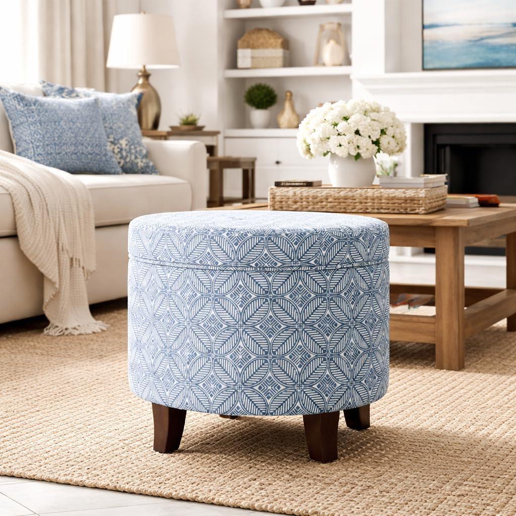 imageHomepop Home Decor Upholstered Round Storage Ottoman Ottoman with Storage for Living Room amp Bedroom White Woven StripeBlue Indigo Print