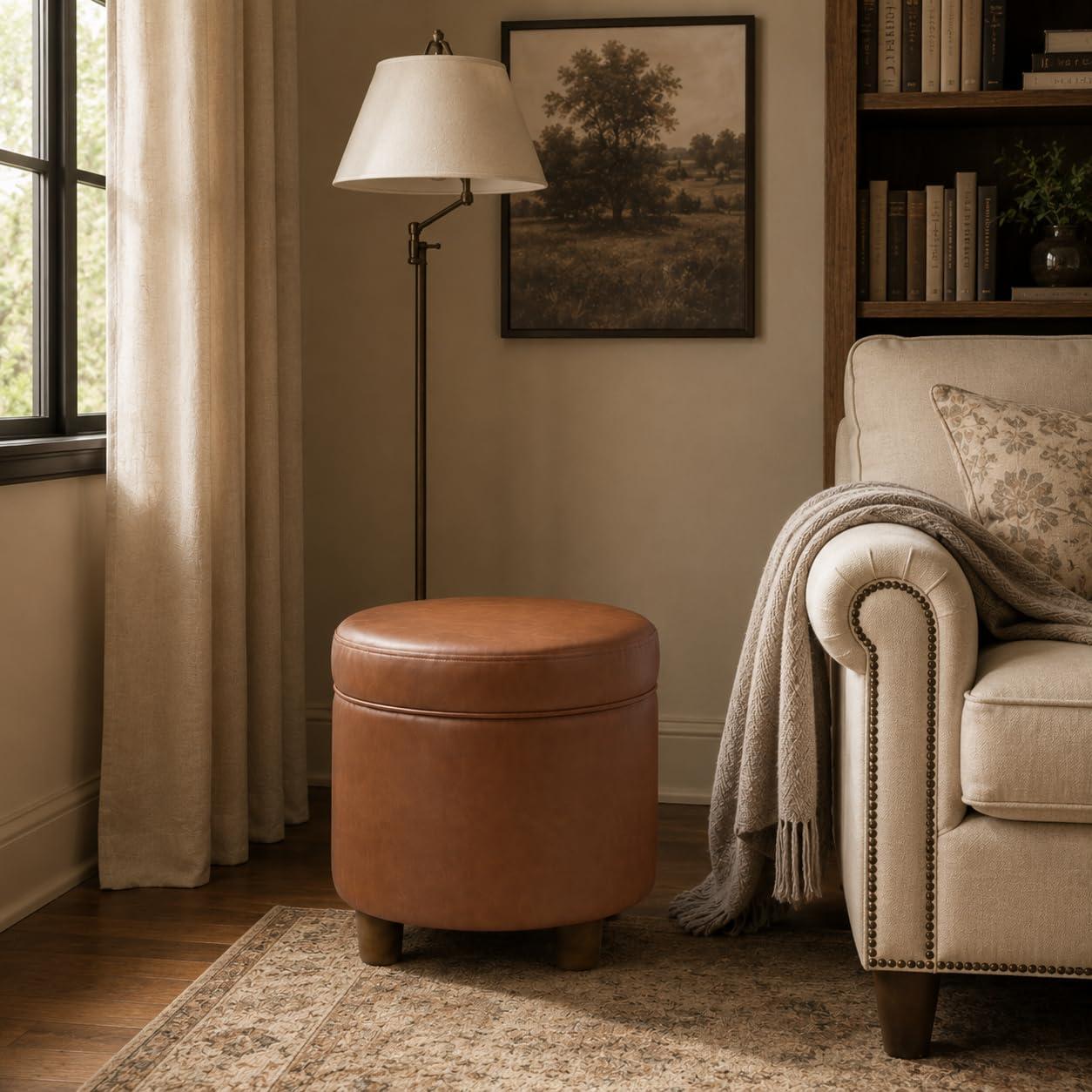 imageHomepop Home Decor Upholstered Round Storage Ottoman Ottoman with Storage for Living Room amp Bedroom White Woven StripeChestnut Brown Faux Leather