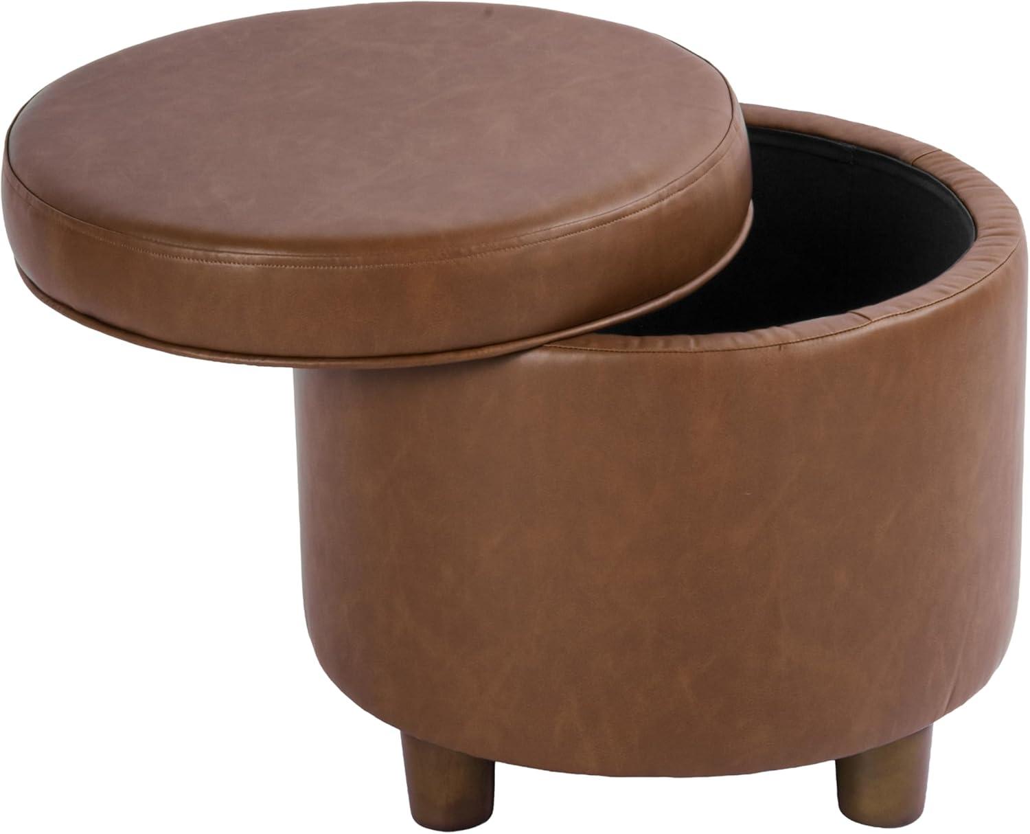 imageHomepop Home Decor Upholstered Round Storage Ottoman Ottoman with Storage for Living Room amp Bedroom White Woven StripeChestnut Brown Faux Leather