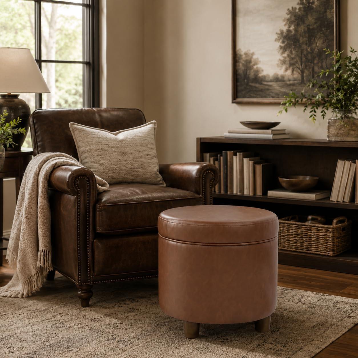 imageHomepop Home Decor Upholstered Round Storage Ottoman Ottoman with Storage for Living Room amp Bedroom White Woven StripeChestnut Brown Faux Leather
