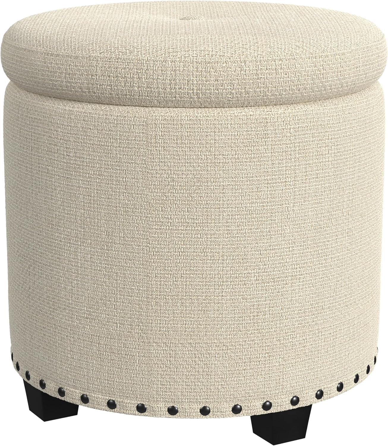 imageHomepop Home Decor Upholstered Round Storage Ottoman Ottoman with Storage for Living Room amp Bedroom White Woven StripeCream Woven