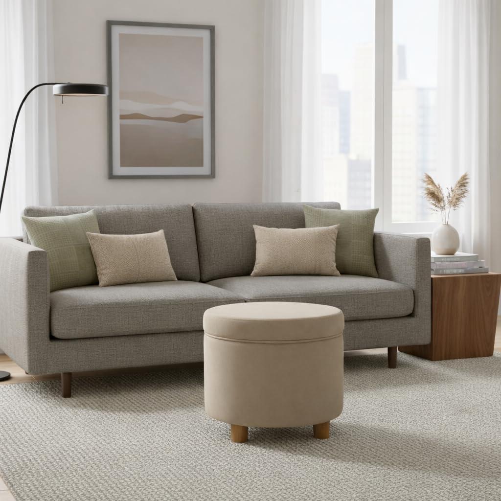 imageHomepop Home Decor Upholstered Round Storage Ottoman Ottoman with Storage for Living Room amp Bedroom White Woven StripeFawn Velvet