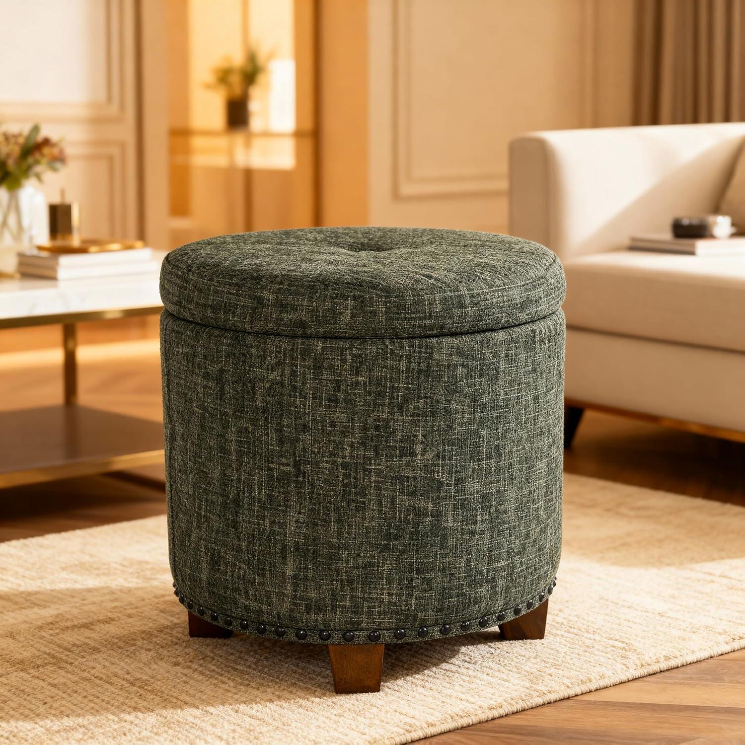 imageHomepop Home Decor Upholstered Round Storage Ottoman Ottoman with Storage for Living Room amp Bedroom White Woven StripeGreen Clover Fabric