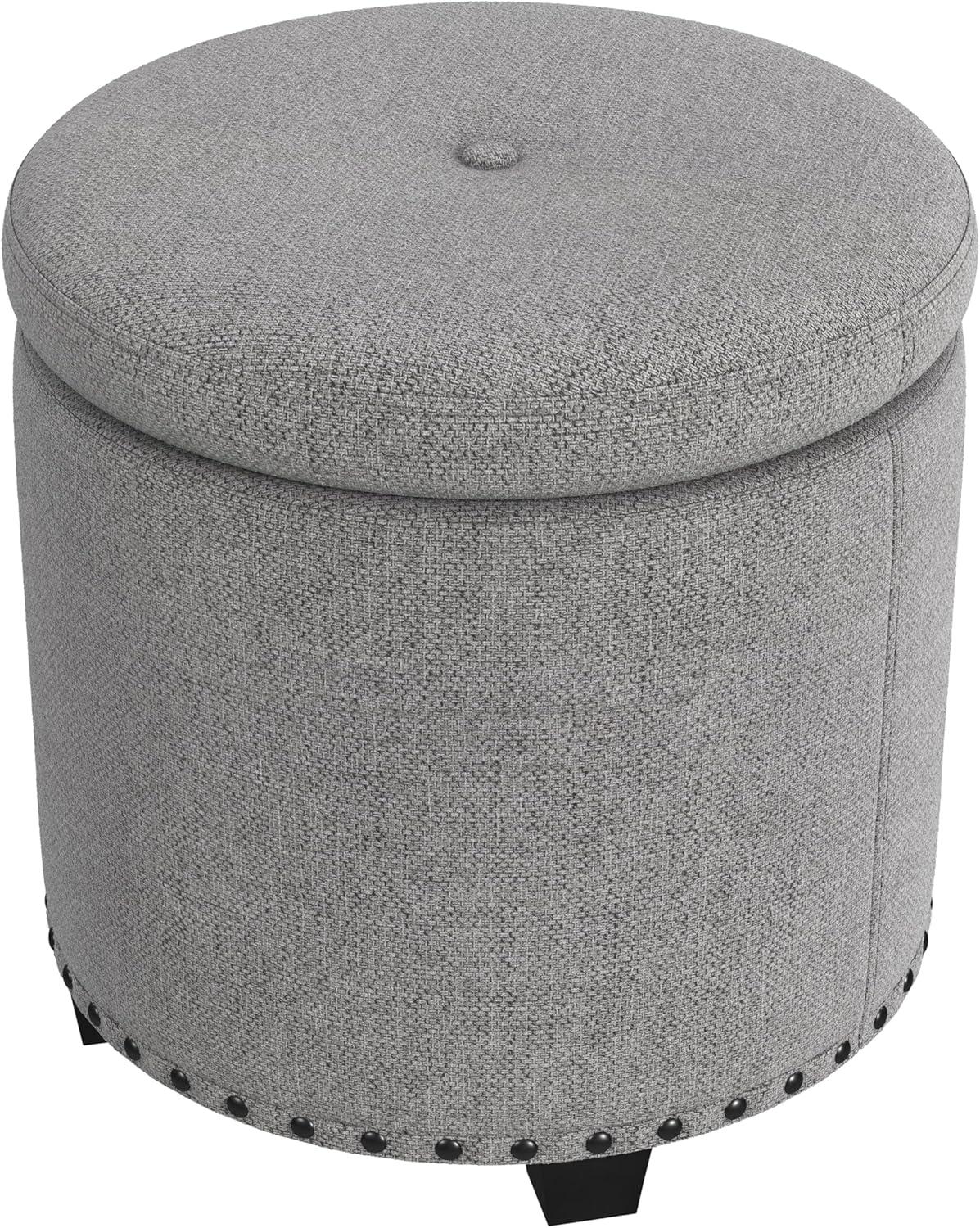 imageHomepop Home Decor Upholstered Round Storage Ottoman Ottoman with Storage for Living Room amp Bedroom White Woven StripeGrey Woven