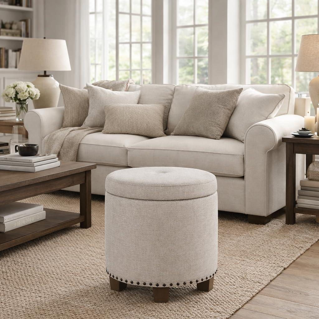 imageHomepop Home Decor Upholstered Round Storage Ottoman Ottoman with Storage for Living Room amp Bedroom White Woven StripeLight Brown Fabric