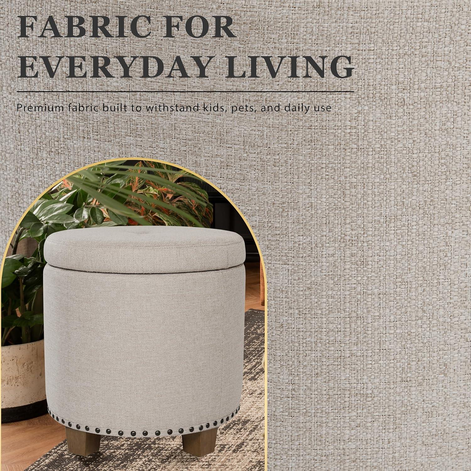 imageHomepop Home Decor Upholstered Round Storage Ottoman Ottoman with Storage for Living Room amp Bedroom White Woven StripeLight Brown Fabric