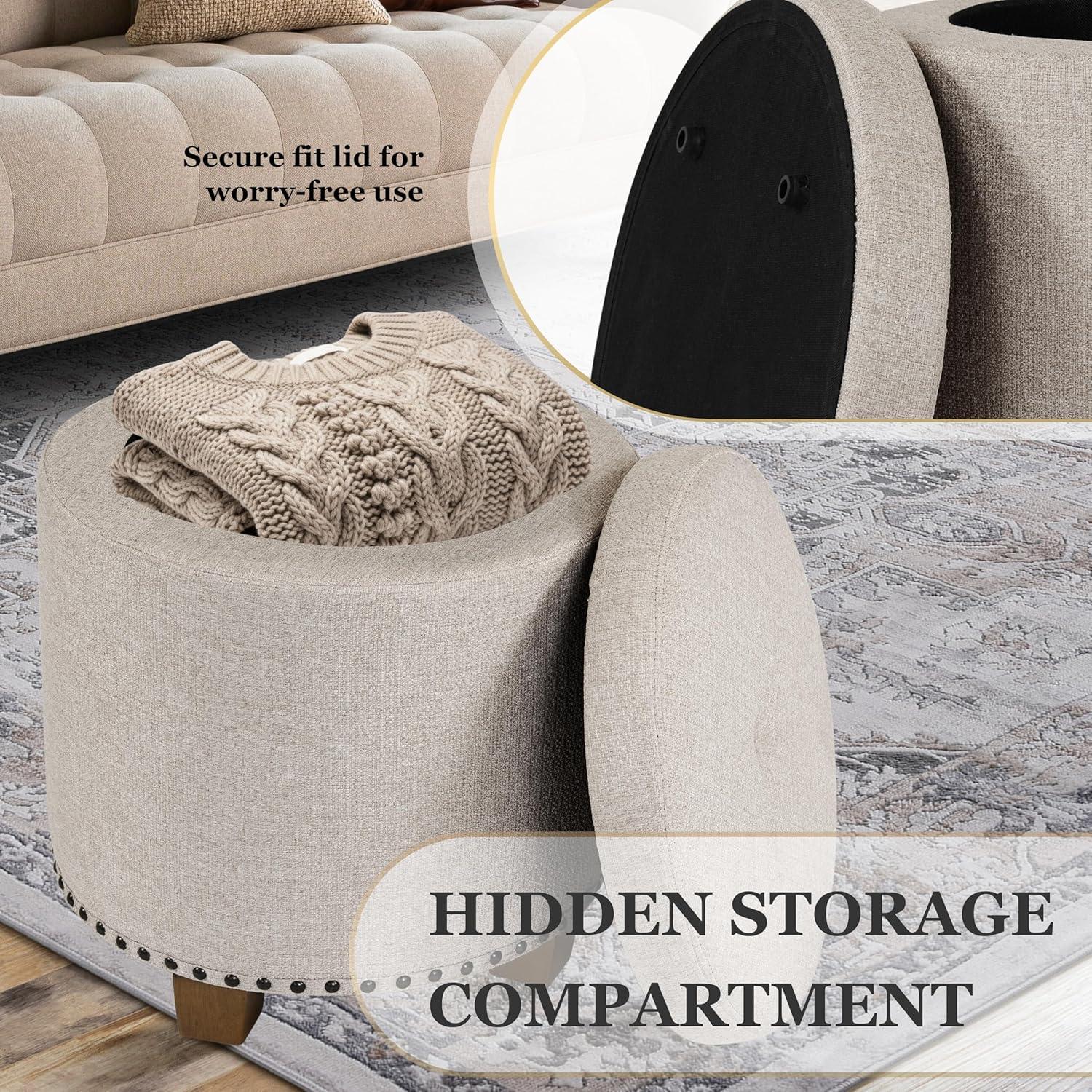 imageHomepop Home Decor Upholstered Round Storage Ottoman Ottoman with Storage for Living Room amp Bedroom White Woven StripeLight Brown Fabric
