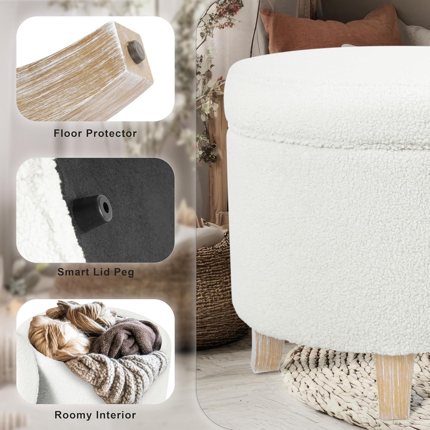 imageHomepop Home Decor Upholstered Round Storage Ottoman Ottoman with Storage for Living Room amp Bedroom White Woven StripeLight Cream