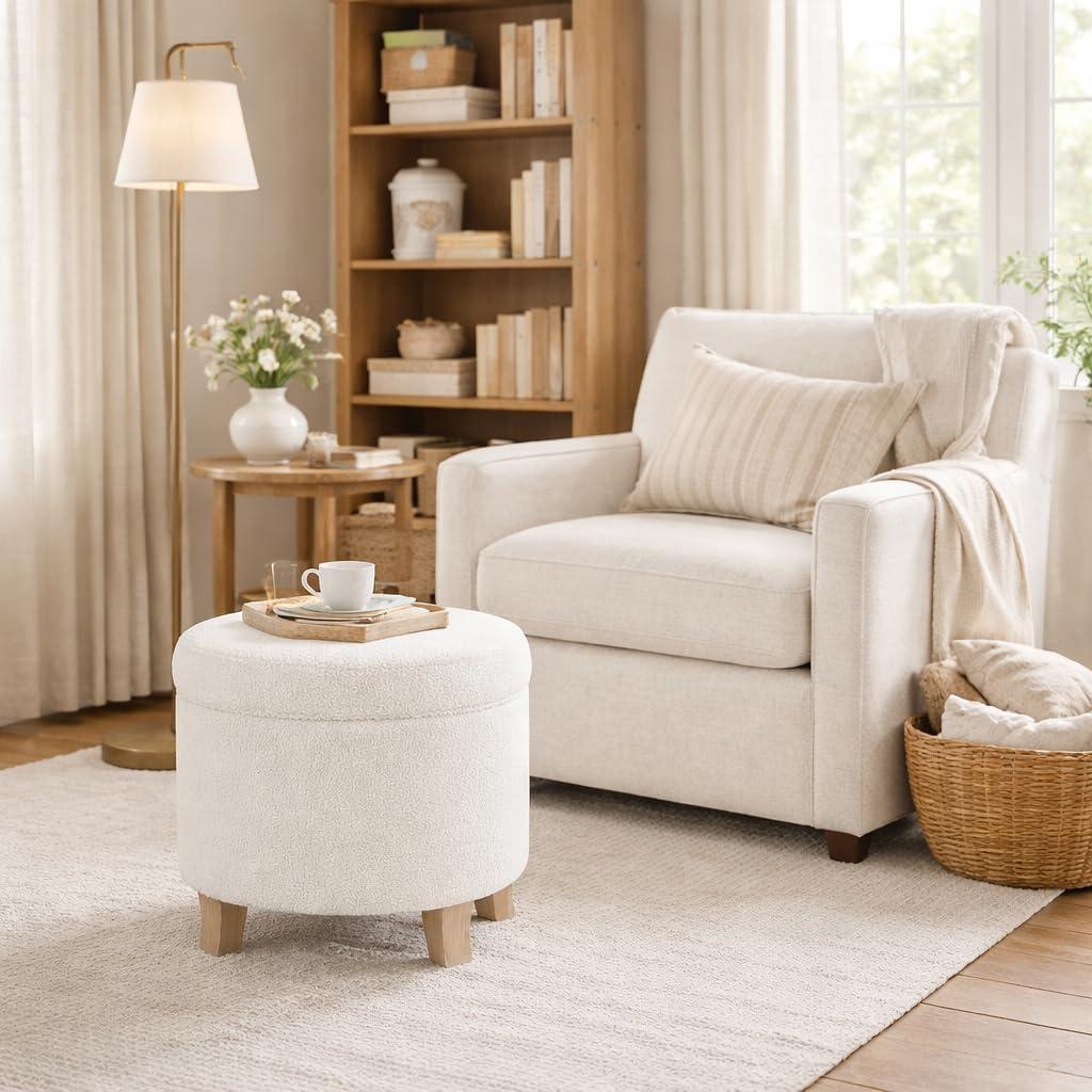 imageHomepop Home Decor Upholstered Round Storage Ottoman Ottoman with Storage for Living Room amp Bedroom White Woven StripeLight Cream
