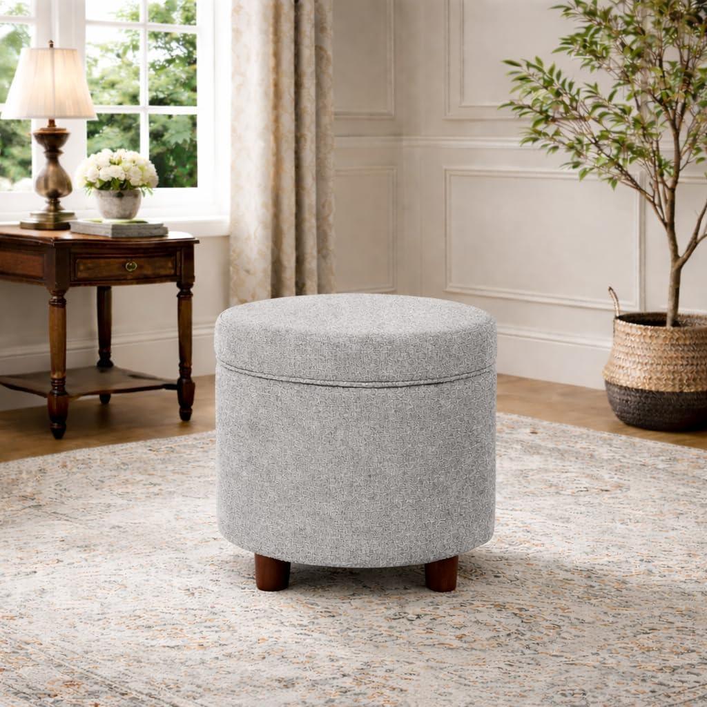 imageHomepop Home Decor Upholstered Round Storage Ottoman Ottoman with Storage for Living Room amp Bedroom White Woven StripeLight Gray