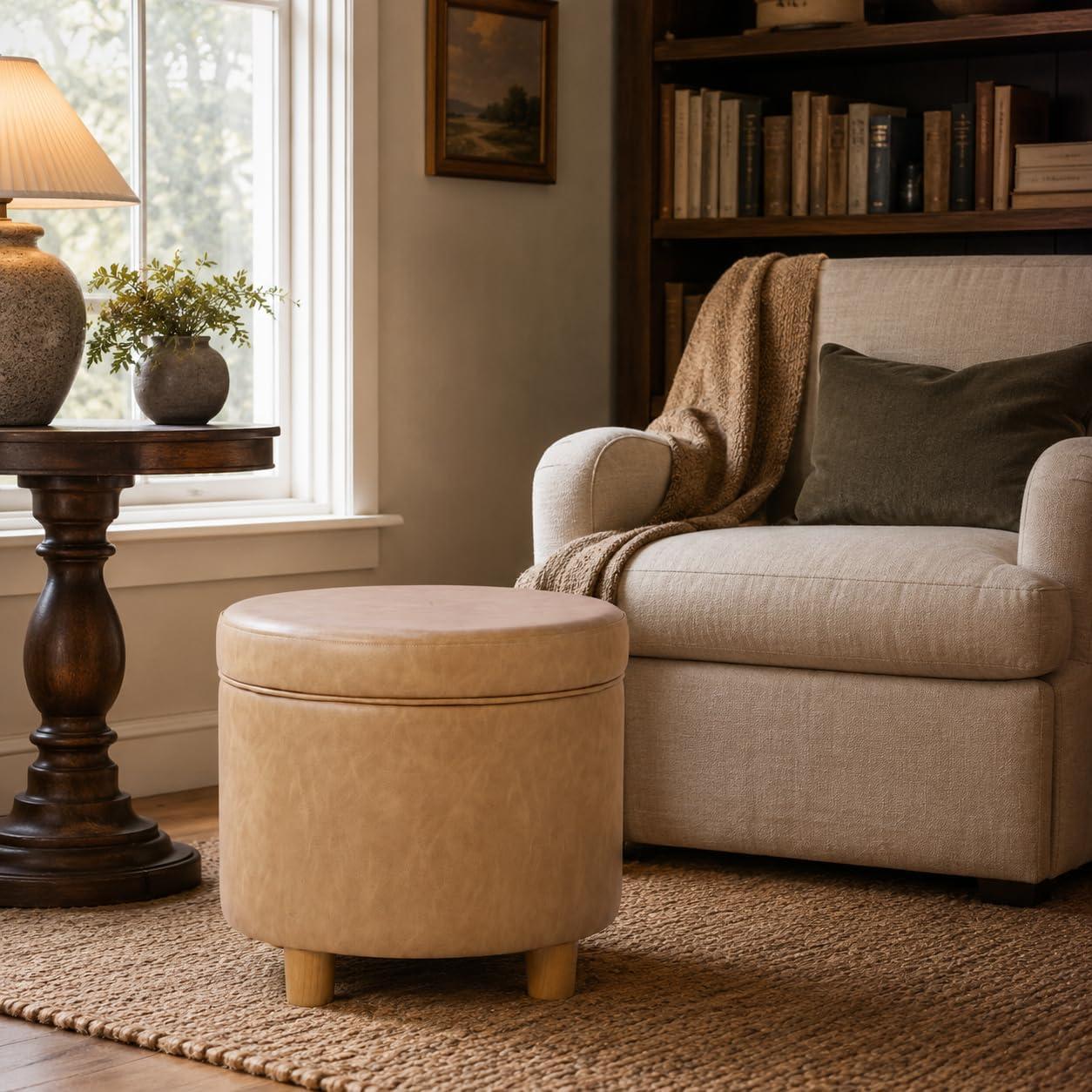 imageHomepop Home Decor Upholstered Round Storage Ottoman Ottoman with Storage for Living Room amp Bedroom White Woven StripeSand Faux Leather