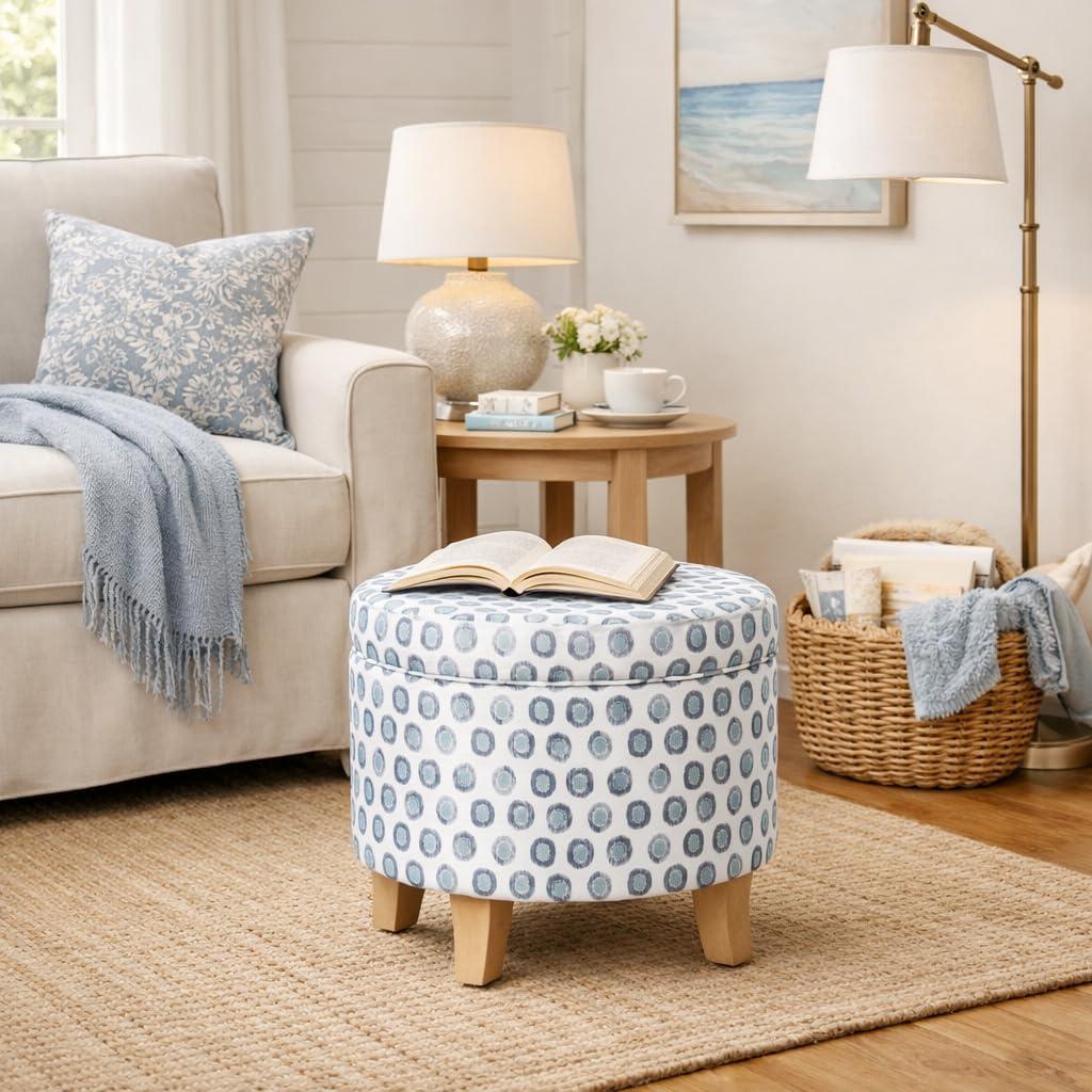 imageHomepop Home Decor Upholstered Round Storage Ottoman Ottoman with Storage for Living Room amp Bedroom White Woven StripeSmall Green Medallion Ikat Print