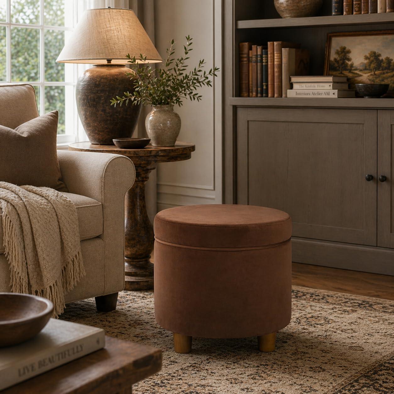 imageHomepop Home Decor Upholstered Round Storage Ottoman Ottoman with Storage for Living Room amp Bedroom White Woven StripeSpice Orange