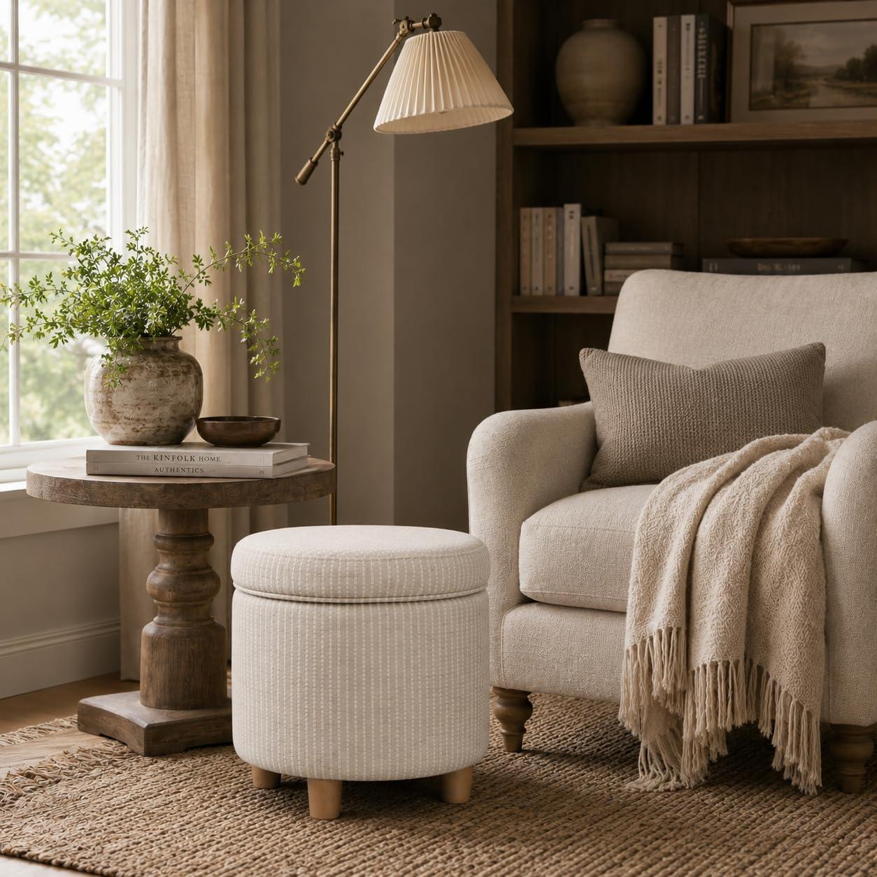 imageHomepop Home Decor Upholstered Round Storage Ottoman Ottoman with Storage for Living Room amp Bedroom White Woven StripeWhite Woven Stripe