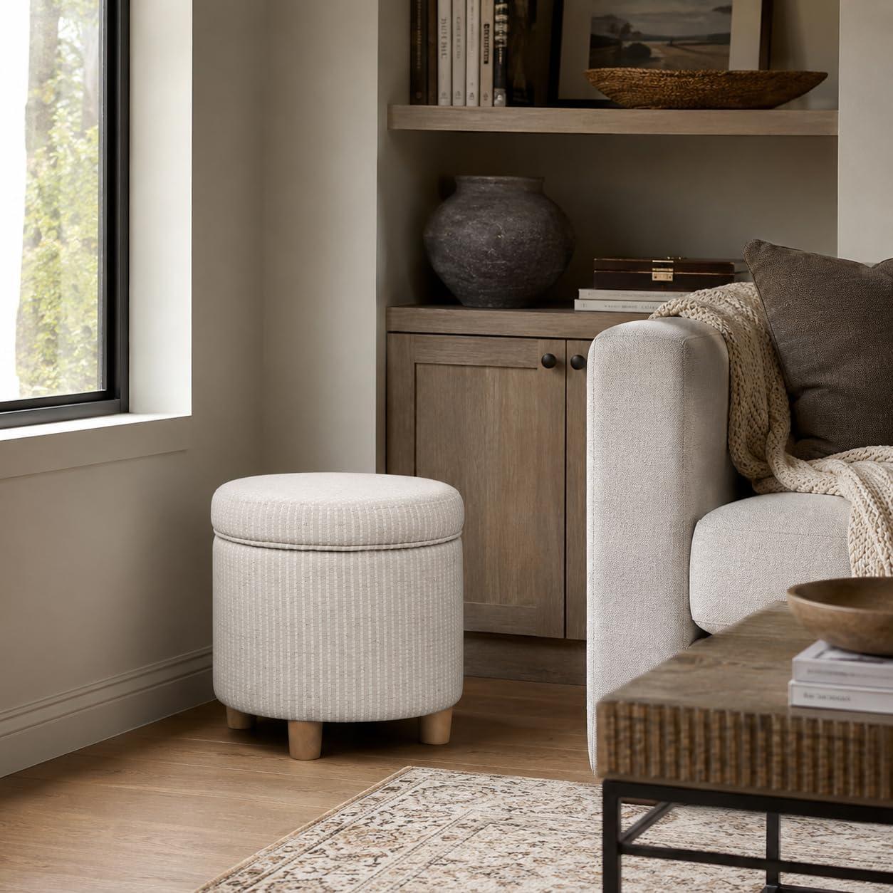 imageHomepop Home Decor Upholstered Round Storage Ottoman Ottoman with Storage for Living Room amp Bedroom White Woven StripeWhite Woven Stripe