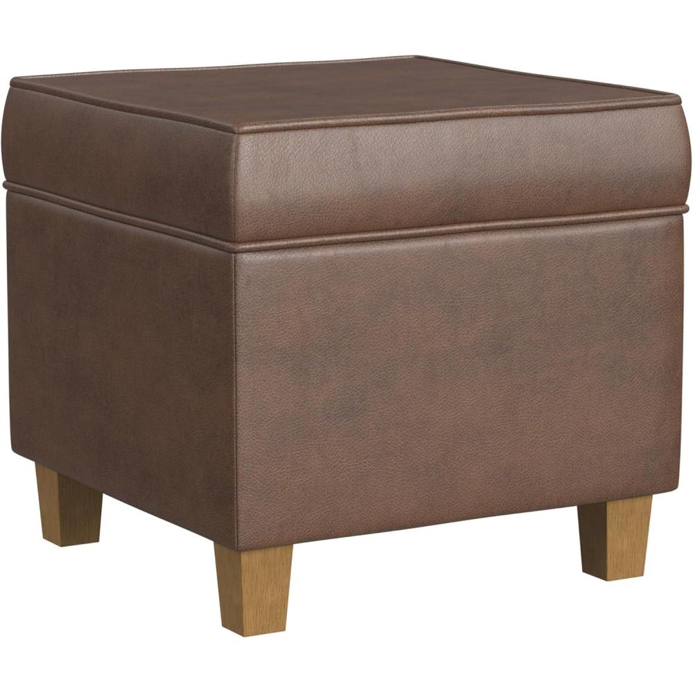 imageHomePop Small Square Storage Ottoman with LiftOff Top Gray and Cream Stripe Fabric Upholstered Accent Footrest Stool with Wood Legs for Living Room Bedroom EntrywayBrown Faux Leather