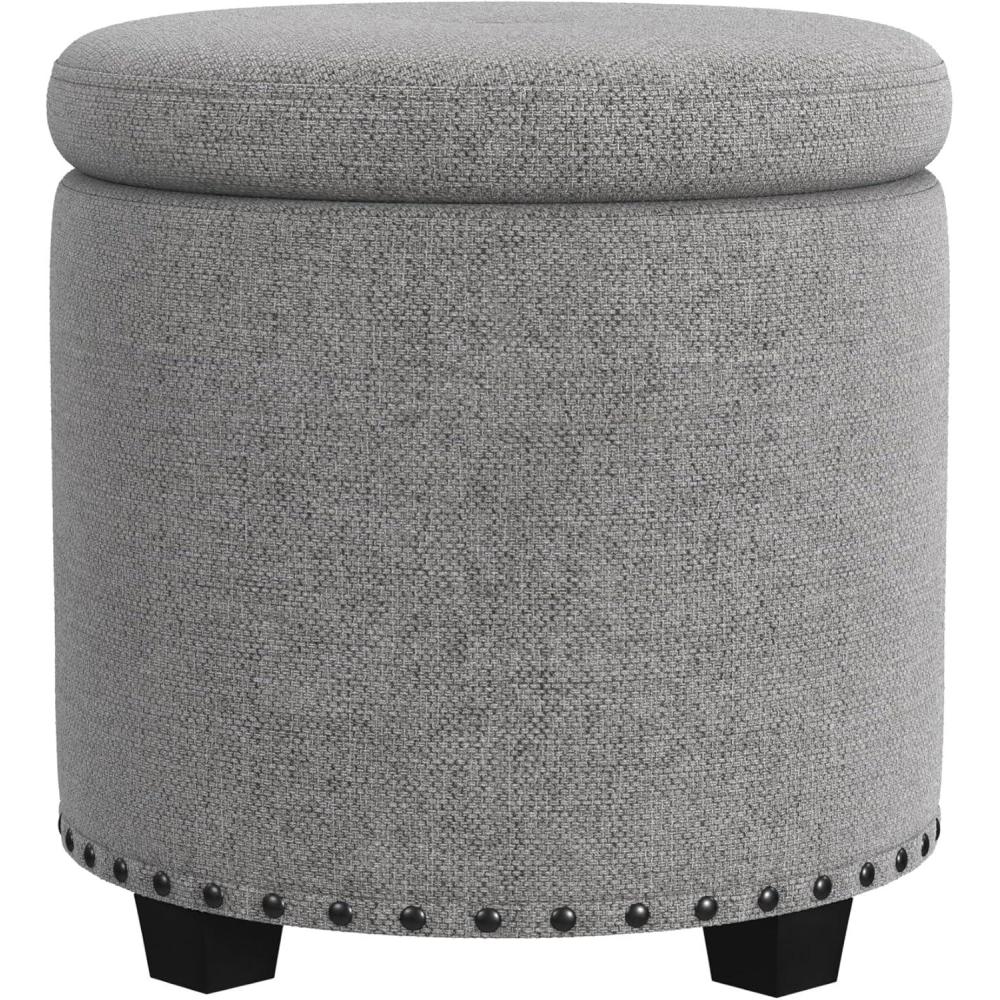 imageHomepop Home Decor Upholstered Round Storage Ottoman Ottoman with Storage for Living Room amp Bedroom White Woven StripeGrey Woven