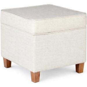 HomePop Small Square Storage Ottoman with Lift-Off Top, Gray and Cream Stripe Fabric Upholstered Accent Footrest Stool with Wood Legs for Living Room Bedroom Entryway(Cream)