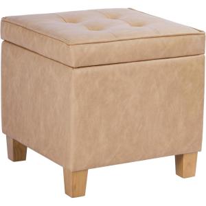 HomePop Small Square Storage Ottoman with Lift-Off Top, Gray and Cream Stripe Fabric Upholstered Accent Footrest Stool with Wood Legs for Living Room Bedroom Entryway(Sand Faux Leather)