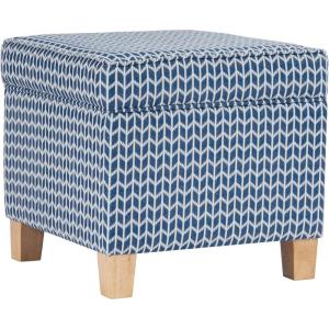 HomePop Small Square Storage Ottoman with Lift-Off Top, Gray and Cream Stripe Fabric Upholstered Accent Footrest Stool with Wood Legs for Living Room Bedroom Entryway(Blue Chevron Print)