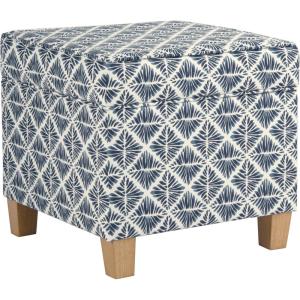 HomePop Small Square Storage Ottoman with Lift-Off Top, Gray and Cream Stripe Fabric Upholstered Accent Footrest Stool with Wood Legs for Living Room Bedroom Entryway(Blue Geometric Pattern)