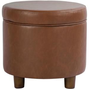 Homepop Home Decor | Upholstered Round Storage Ottoman | Ottoman with Storage for Living Room & Bedroom, White Woven Stripe(Chestnut Brown Faux Leather)