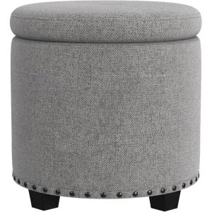 Homepop Home Decor | Upholstered Round Storage Ottoman | Ottoman with Storage for Living Room & Bedroom, White Woven Stripe(Grey Woven)