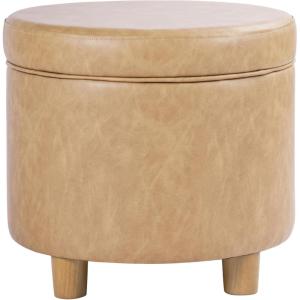 Homepop Home Decor | Upholstered Round Storage Ottoman | Ottoman with Storage for Living Room & Bedroom, White Woven Stripe(Sand Faux Leather)