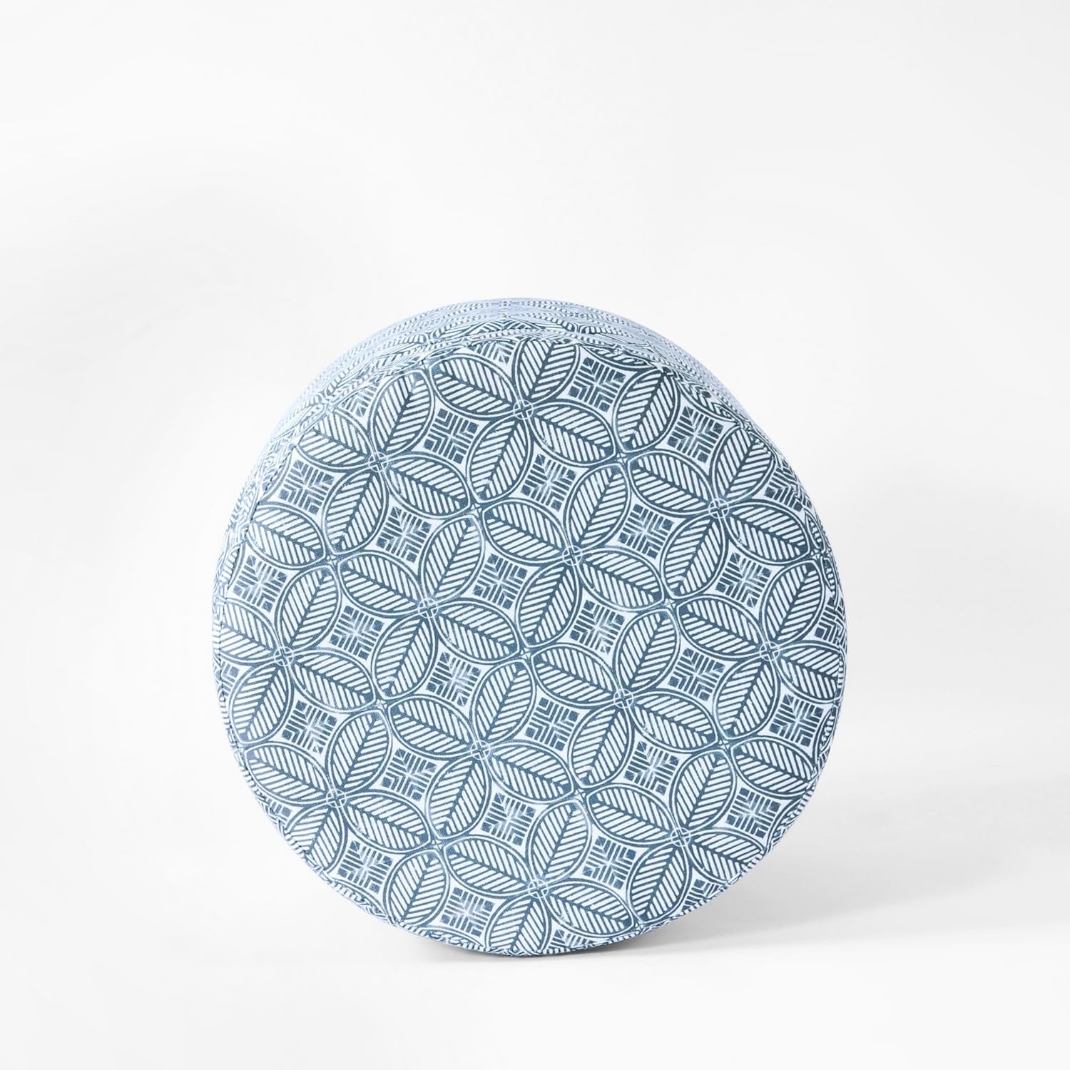 image:imageHomePop Round Storage Ottoman Tan Geometric PatternBlue Indigo Print
