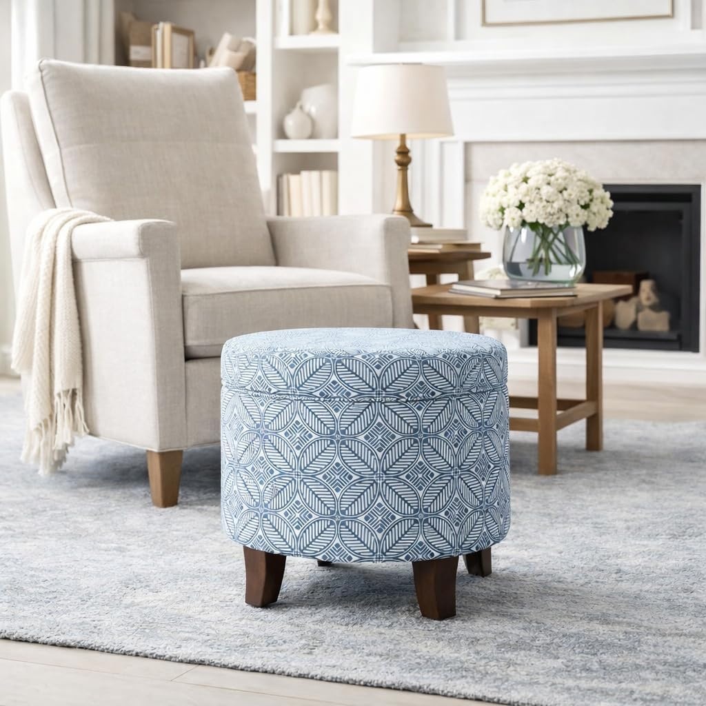 image:imageHomePop Round Storage Ottoman Tan Geometric PatternBlue Indigo Print