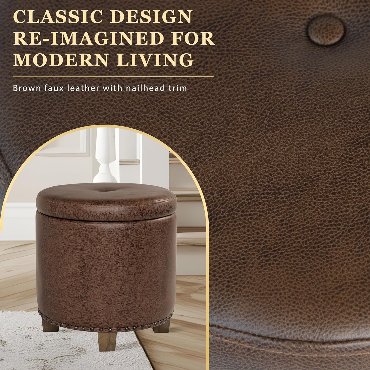 image:imageHomePop Round Storage Ottoman Tan Geometric PatternBrown Faux Leather