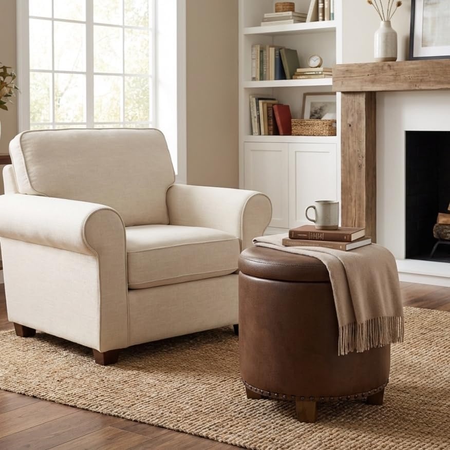 image:imageHomePop Round Storage Ottoman Tan Geometric PatternBrown Faux Leather