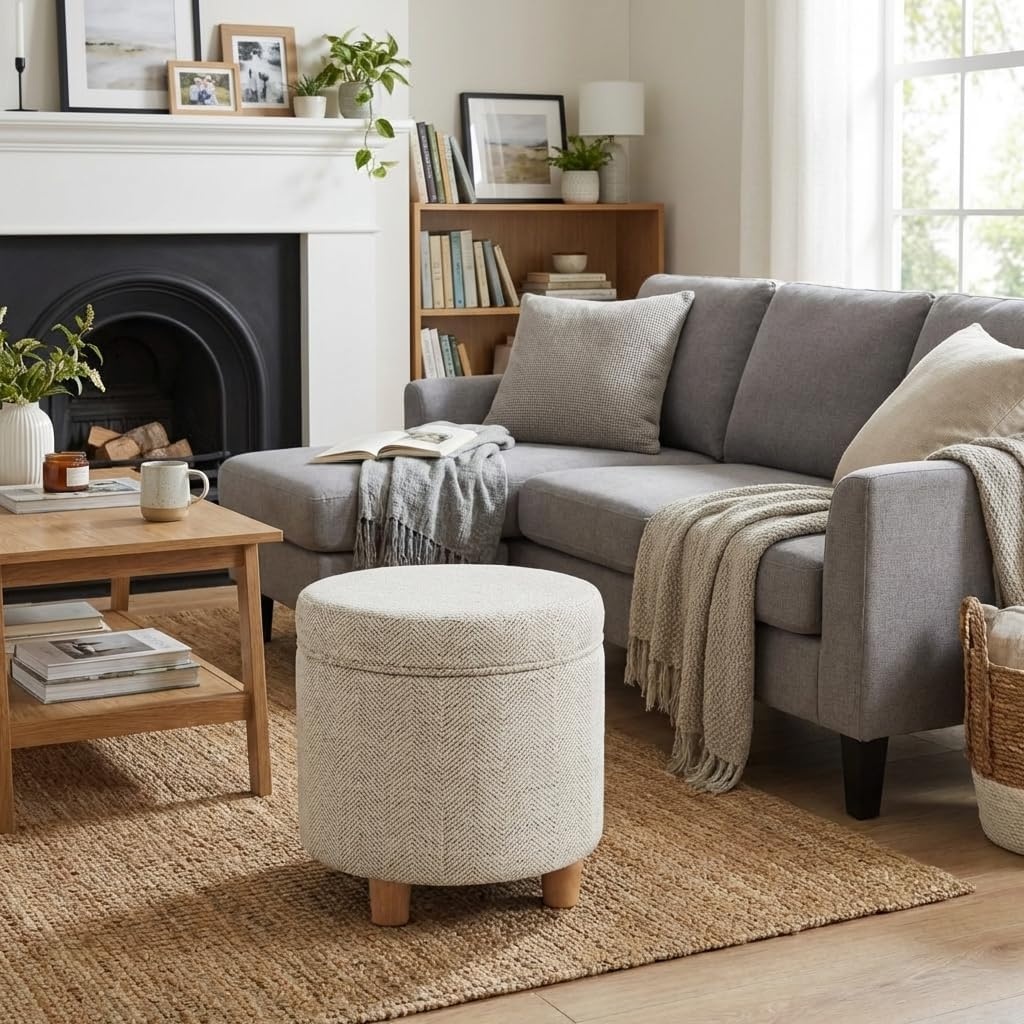 image:imageHomePop Round Storage Ottoman Tan Geometric PatternCream Chevron Woven