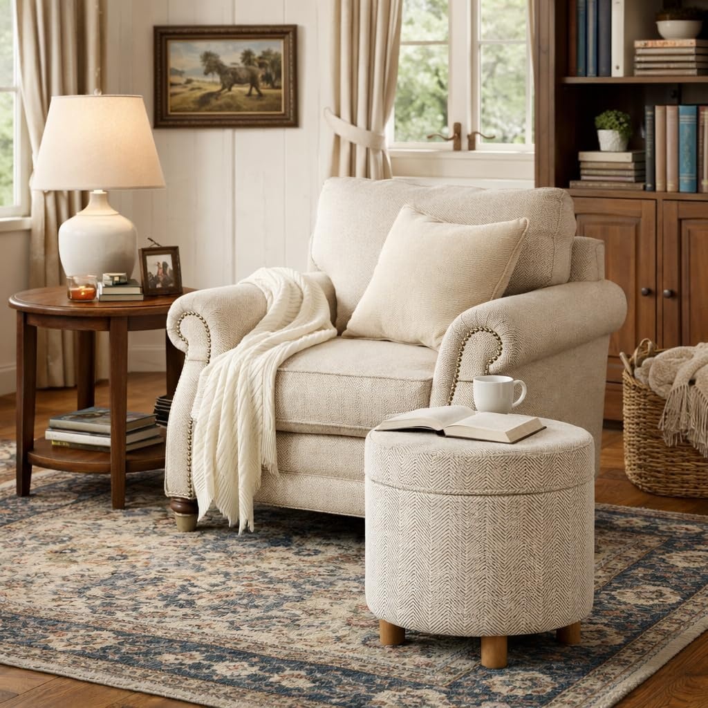 image:imageHomePop Round Storage Ottoman Tan Geometric PatternCream Chevron Woven