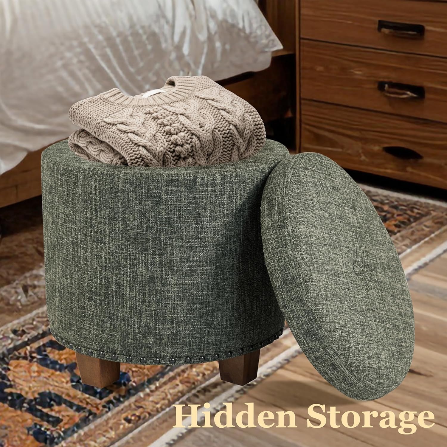 image:imageHomePop Round Storage Ottoman Tan Geometric PatternGreen Clover Fabric