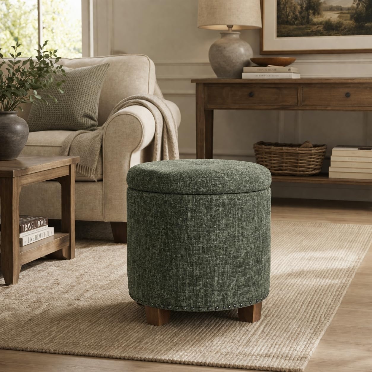 image:imageHomePop Round Storage Ottoman Tan Geometric PatternGreen Clover Fabric