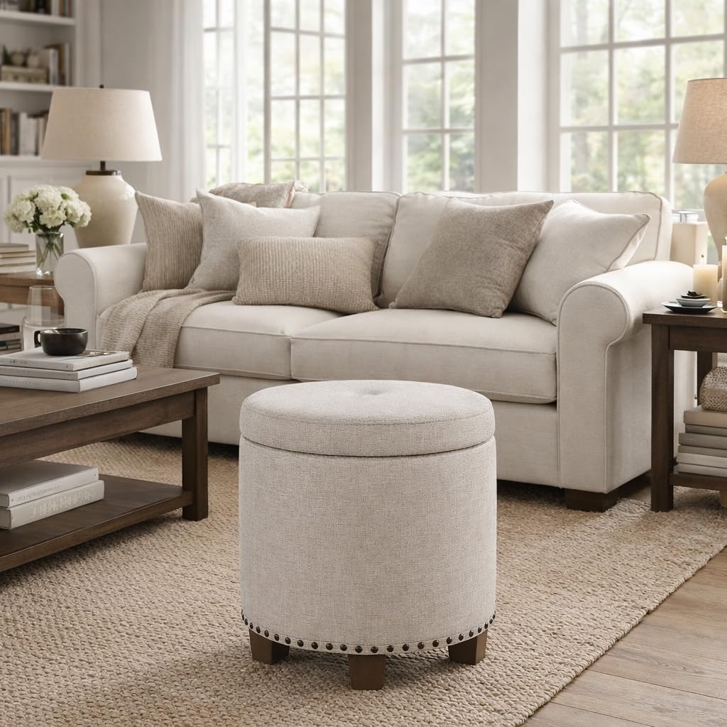 image:imageHomePop Round Storage Ottoman Tan Geometric PatternLight Brown Fabric