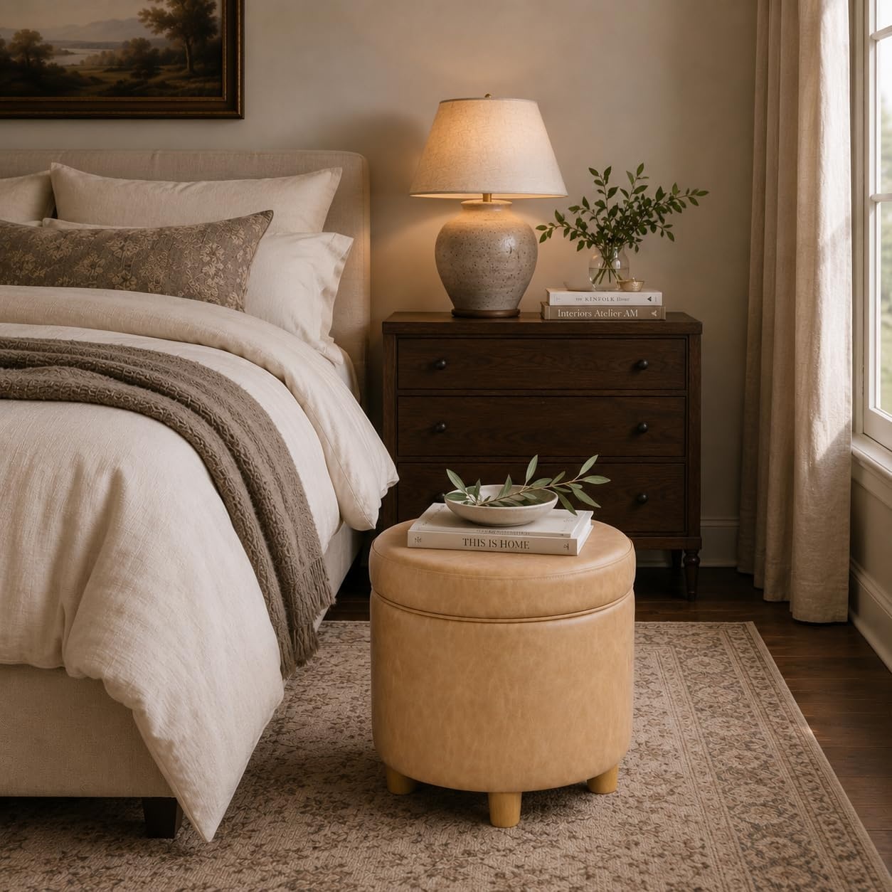 image:imageHomePop Round Storage Ottoman Tan Geometric PatternSand Faux Leather