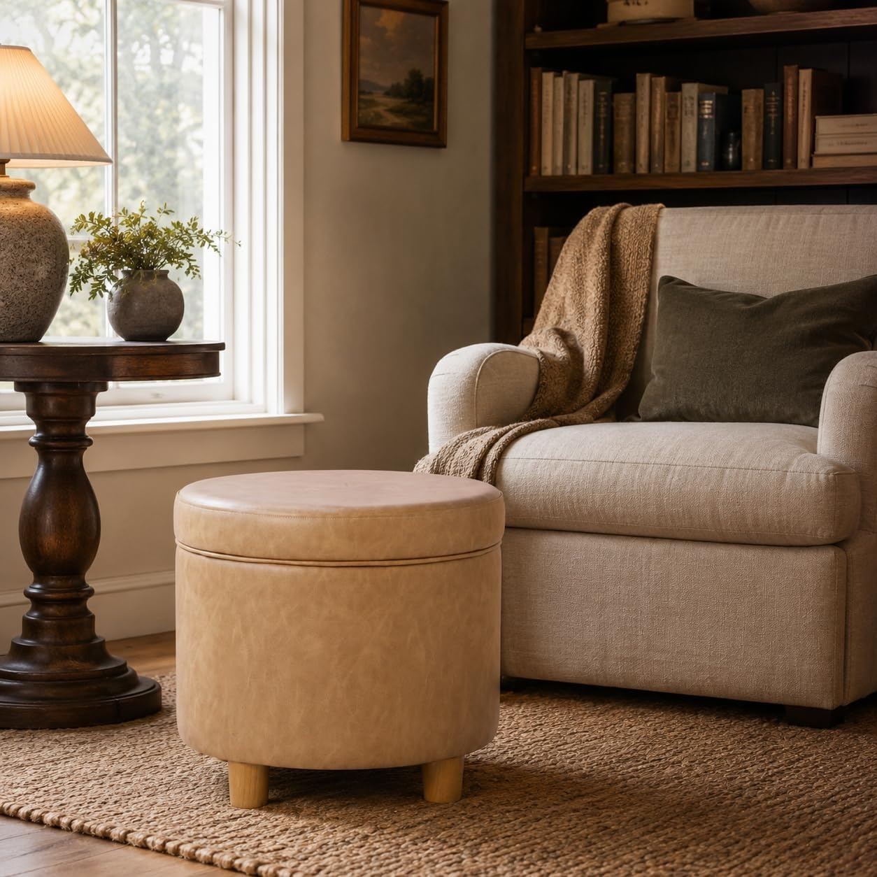 image:imageHomePop Round Storage Ottoman Tan Geometric PatternSand Faux Leather