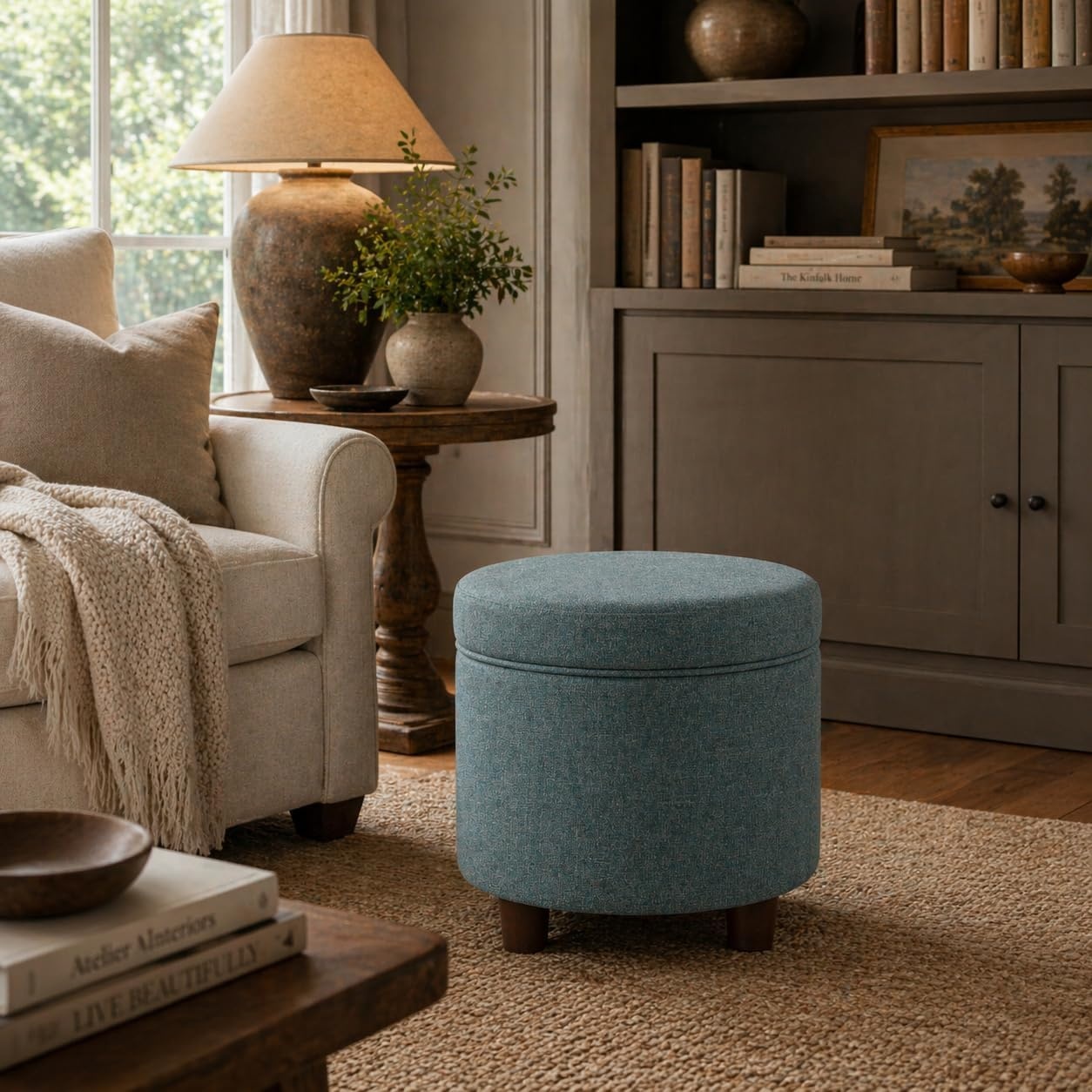 image:imageHomePop Round Storage Ottoman Tan Geometric PatternTeal