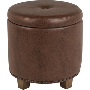 HomePop Round Storage Ottoman – Tan Geometric Pattern(Brown Faux Leather)