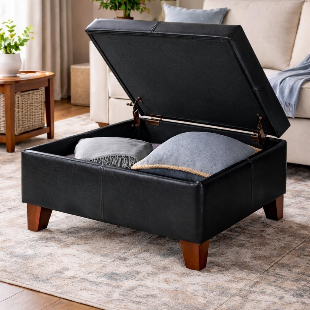 image:imageHomePop Luxury Large Storage Ottoman Blue Woven FabricBlack